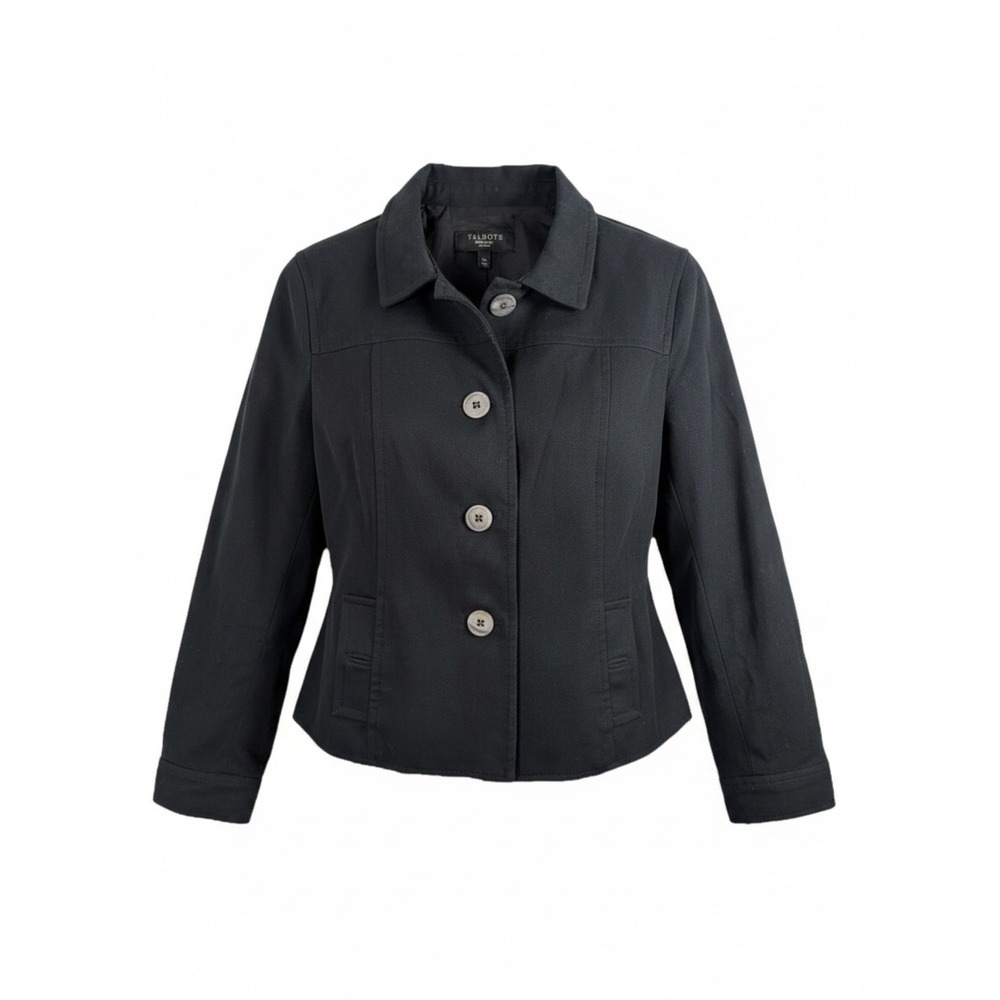 Talbots Jacket Cotton Twill Black Buttons Tailored Women 10P Petite Preppy EUC